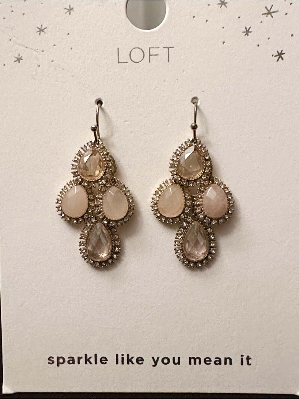 Loft NWT peachy pink chandelier style earrings w/ rhinestones in silvertone